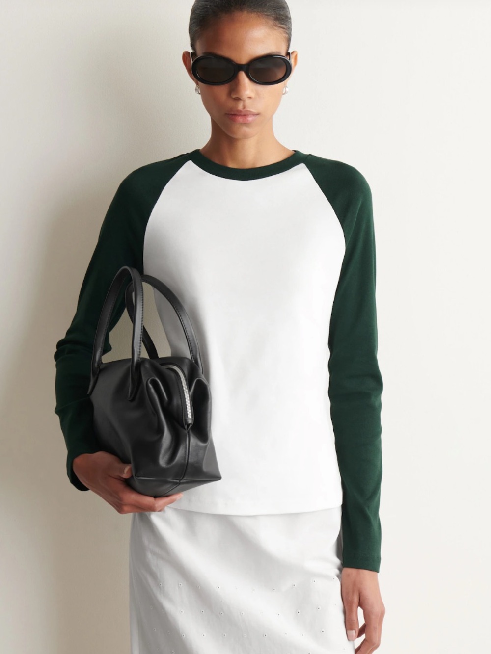 COS White Body Long-Sleeve Raglan Tee with Dark Green Sleeves